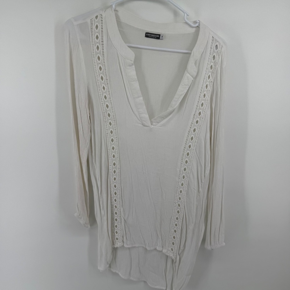 Earthbound Trading Co White Gauze Eyelet Lace V-Neck Tunic Top Medium‎ Boho 0045